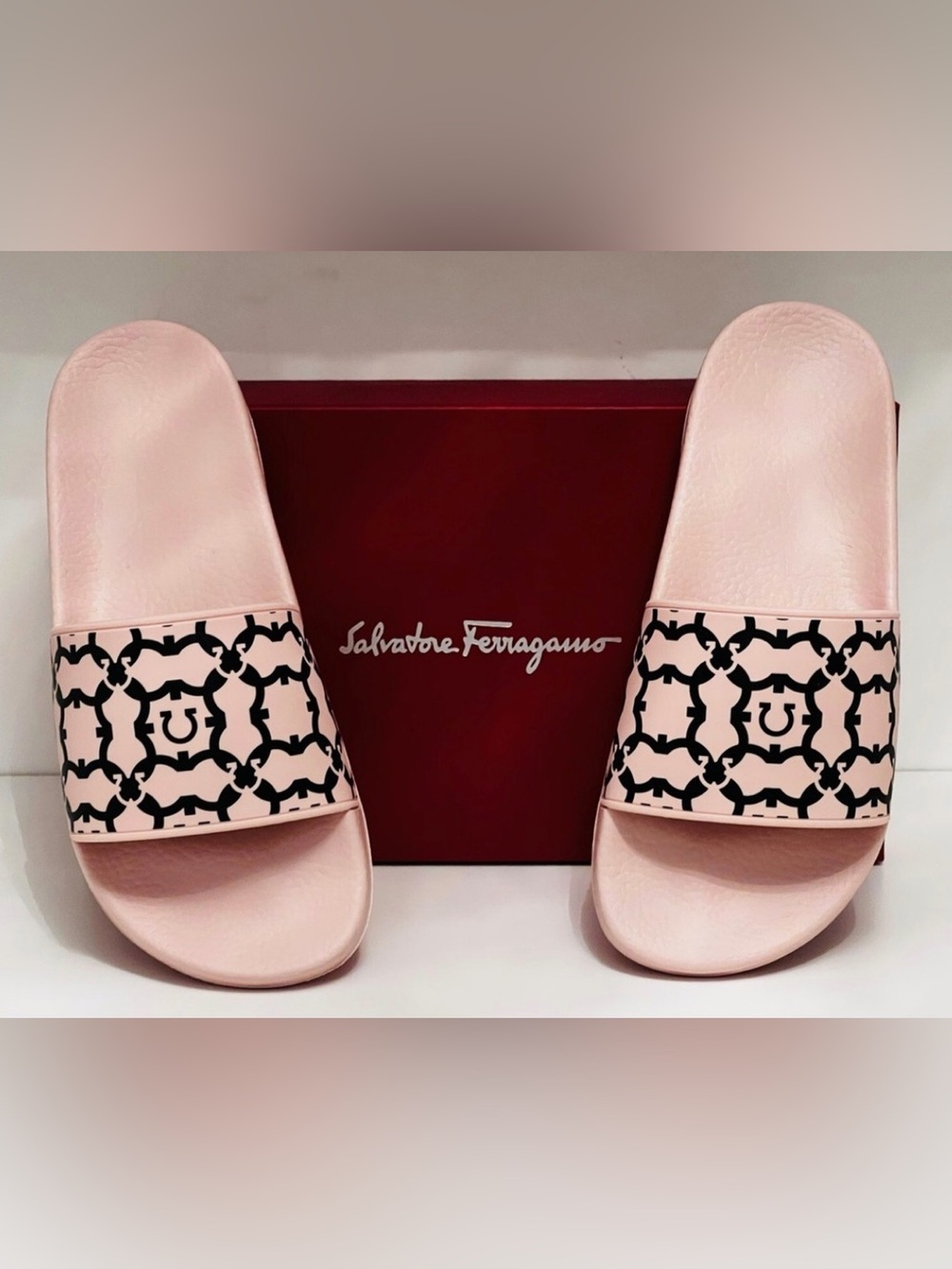 Salvatore Ferragamo Pink Slide Sandals with Black Geometric Print